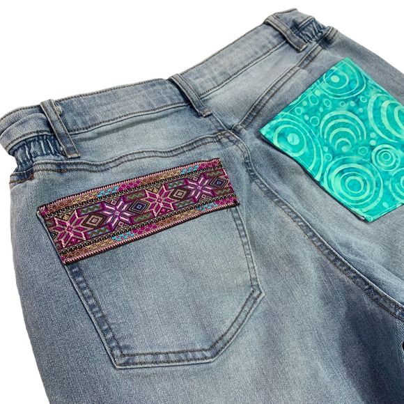 Nobo Jeans Patchwork Boho Distressed Flower Teal Pink Button Fly Junior 11 - Picture 10 of 13